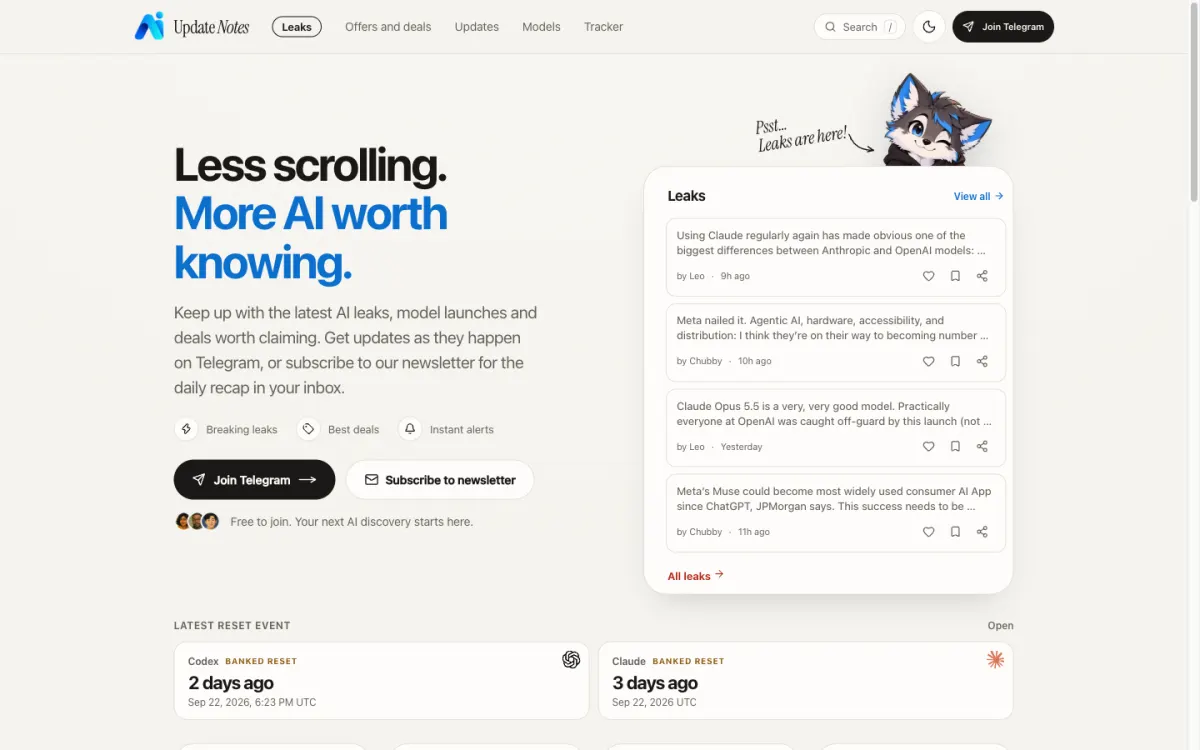 Homepage of AI Update Notes showing the headline Less scrolling, more AI worth knowing, with a feed of AI leaks