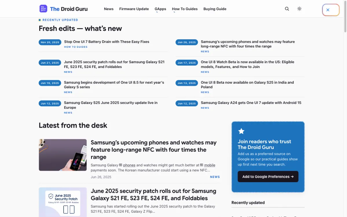 Homepage of The Droid Guru showing recently updated Android and Samsung news articles