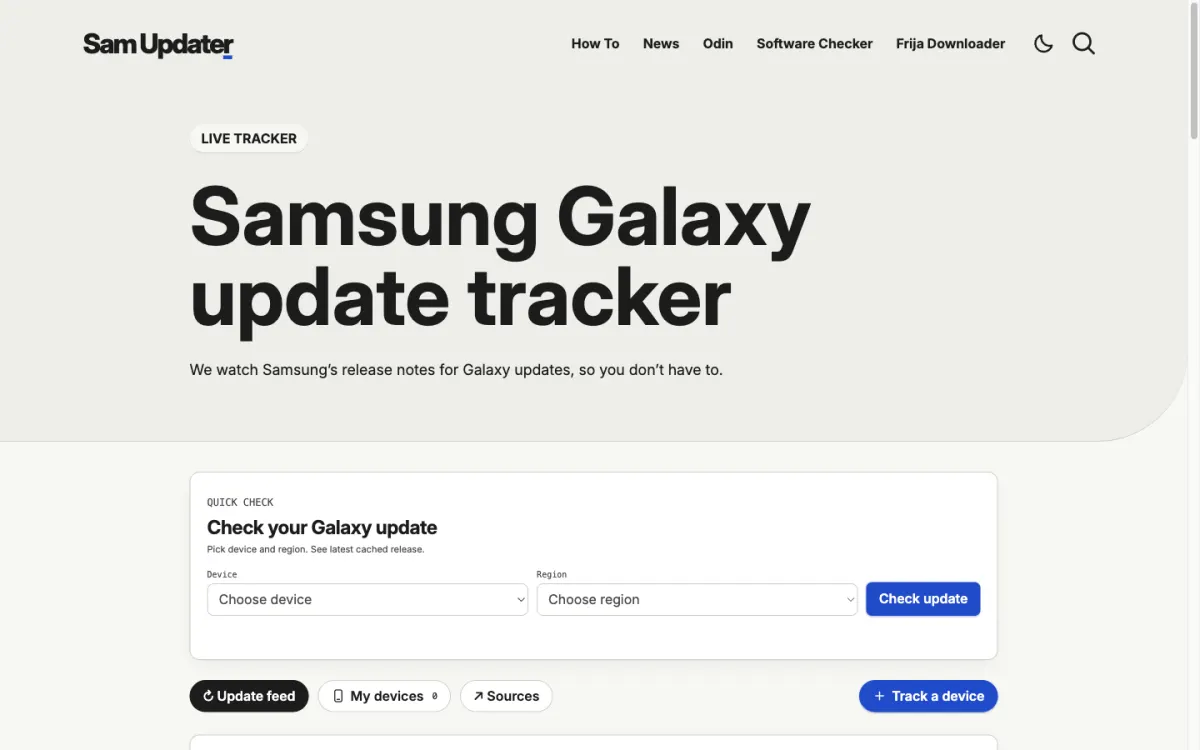 Homepage of Sam Updater, a Samsung Galaxy update tracker with a device and region update checker